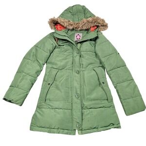 Hosiery Hooded Puffer Jacket S Green Faux Fur Trim Parka Winter Grunge Minimal